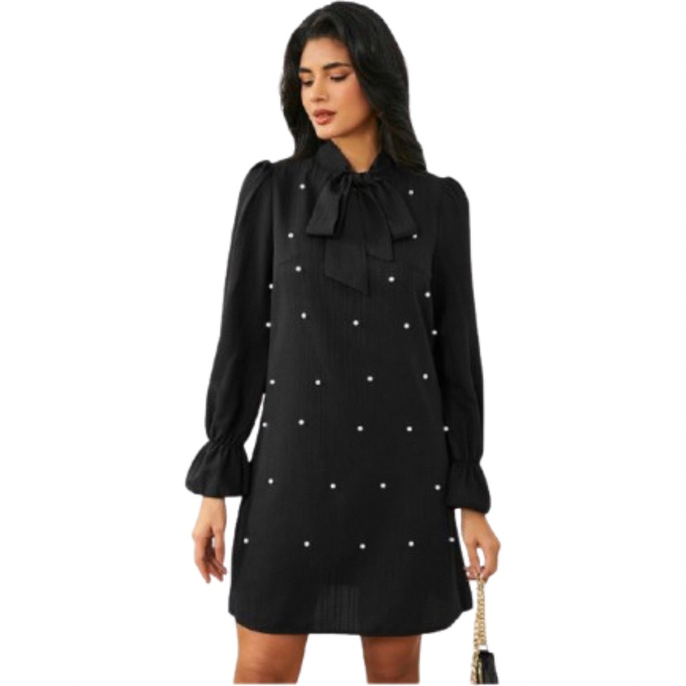 Women's Pearl Decor Flare Long Sleeve Bow Tie  Mini Dress